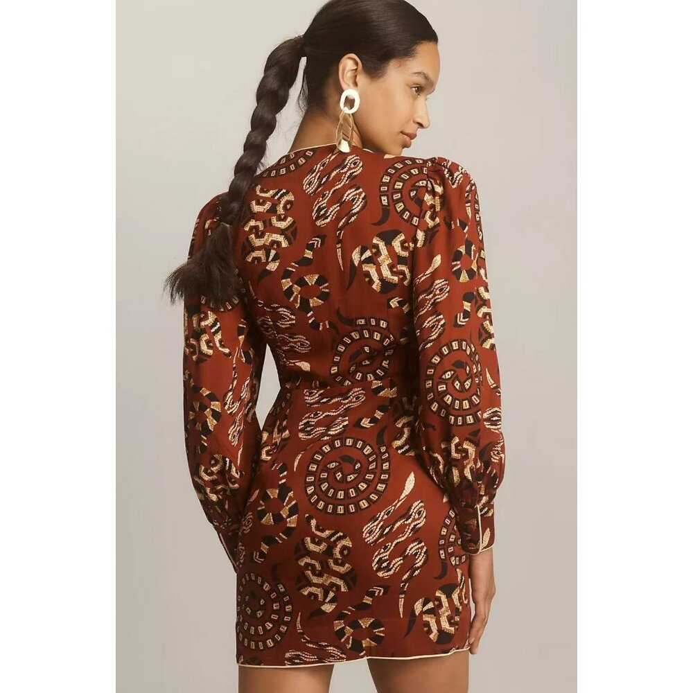NWT FARM Rio Anthropologie Long Sleeves V-neck Snake Print Mini Dress Size XS - Picture 3 of 16